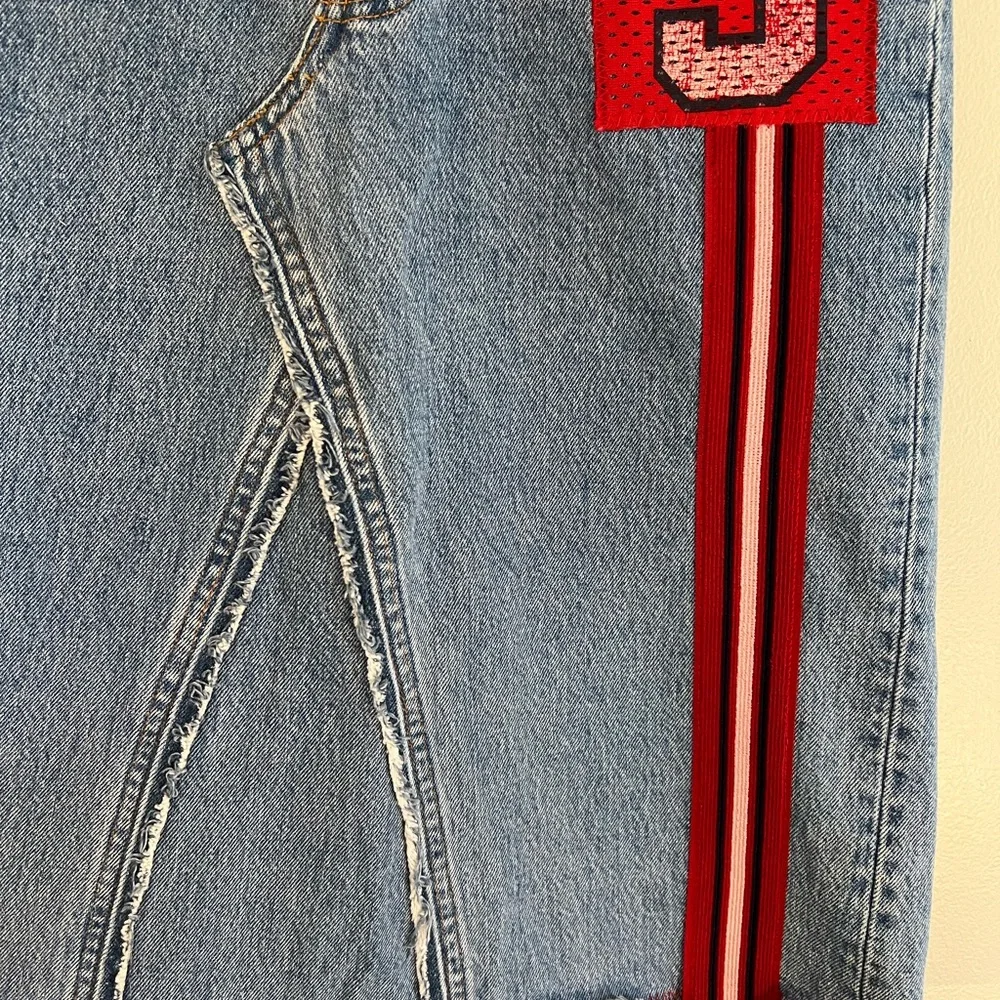 Y2K Riley Vintage Reworked Red Patch Denim Skirt Unique Indie Streetwear - Picture 2 of 6